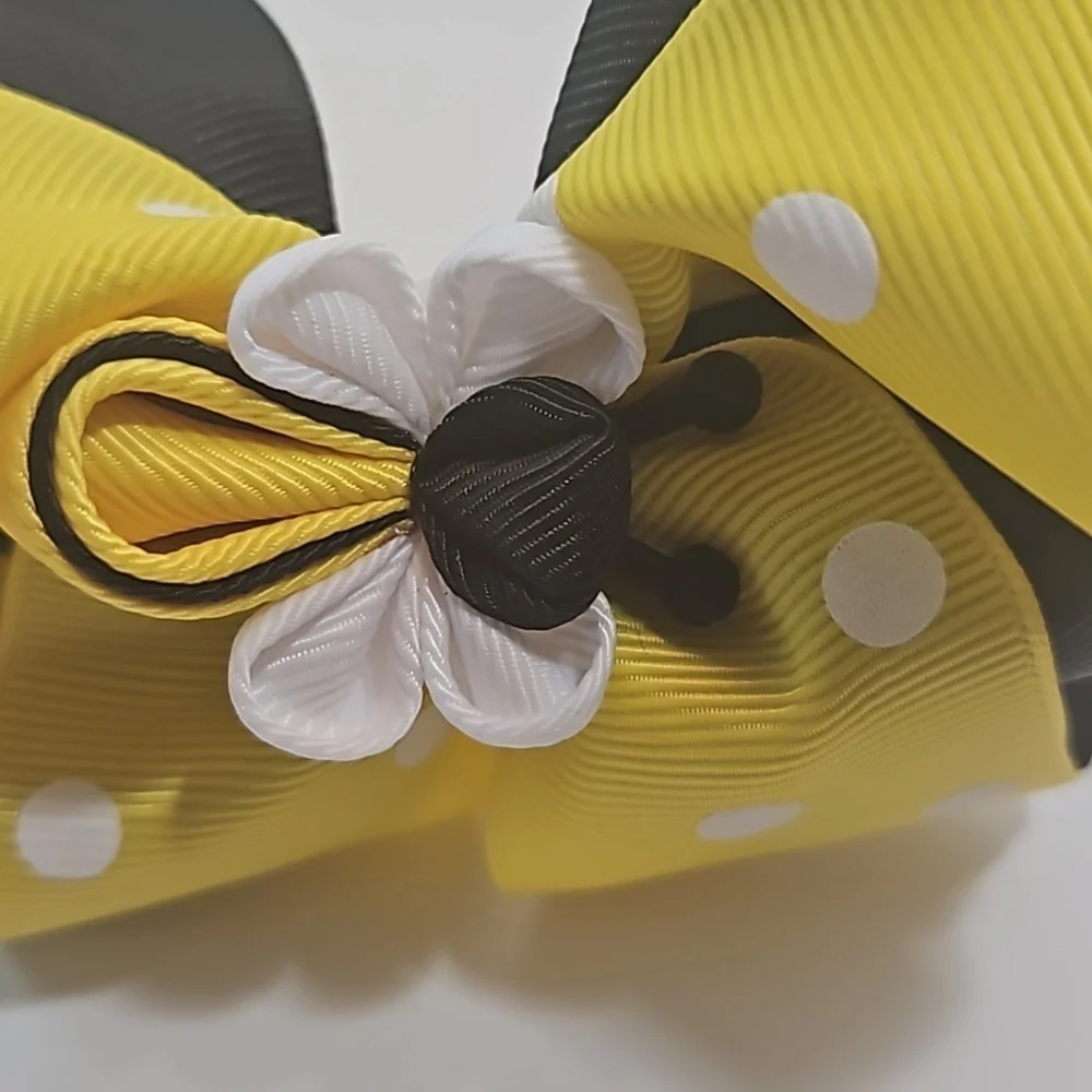 Hand Crafted Handmade Bow Hairband Yellow white polka-dot black contrast ribbon